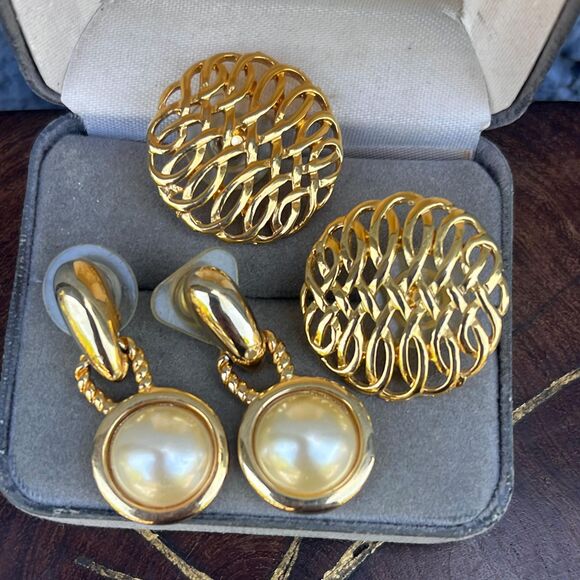 Gold Earring Set Dangle Faux Pearls and 90s Large Studs - Picture 2 of 8